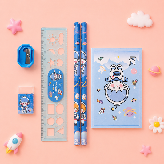 Cute Cartoon Kids Stationery Set with Mesh Pencil Pouch – Space, Dinosaur, Bunny & Summer Themes