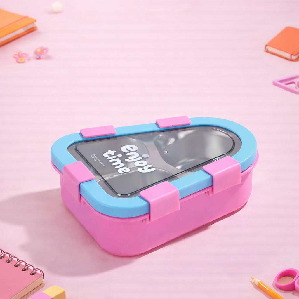 “Enjoy Time” Kids Bento Lunch Box Three Grid – 470 ML Triangular Design