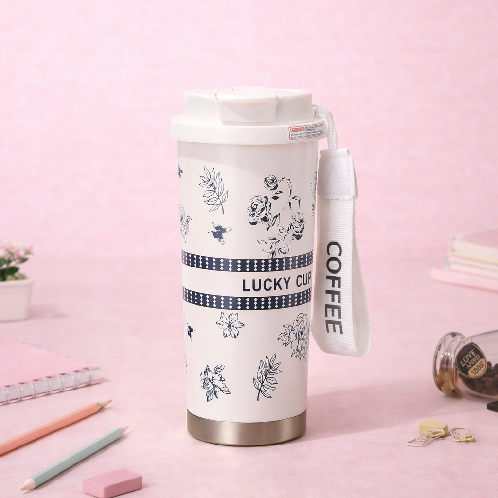 Elegant Floral Stainless Steel Coffee Tumbler – 520ML