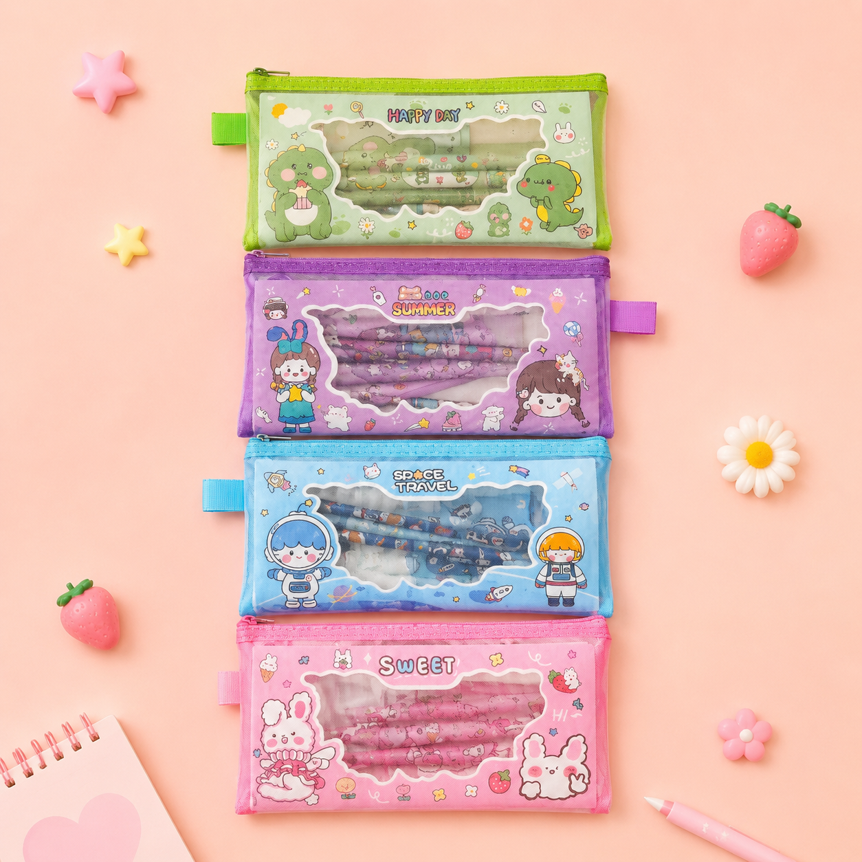 Cute Cartoon Kids Stationery Set with Mesh Pencil Pouch – Space, Dinosaur, Bunny & Summer Themes