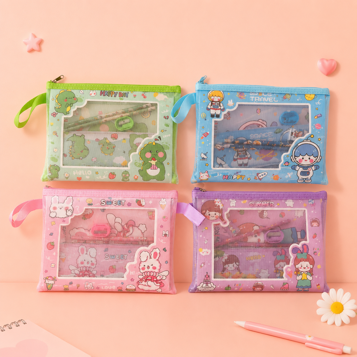 Cute Cartoon Kids Stationery Gift Set with Pencil Case & Mesh Organizer Pouch [ With Pencil Box ]
