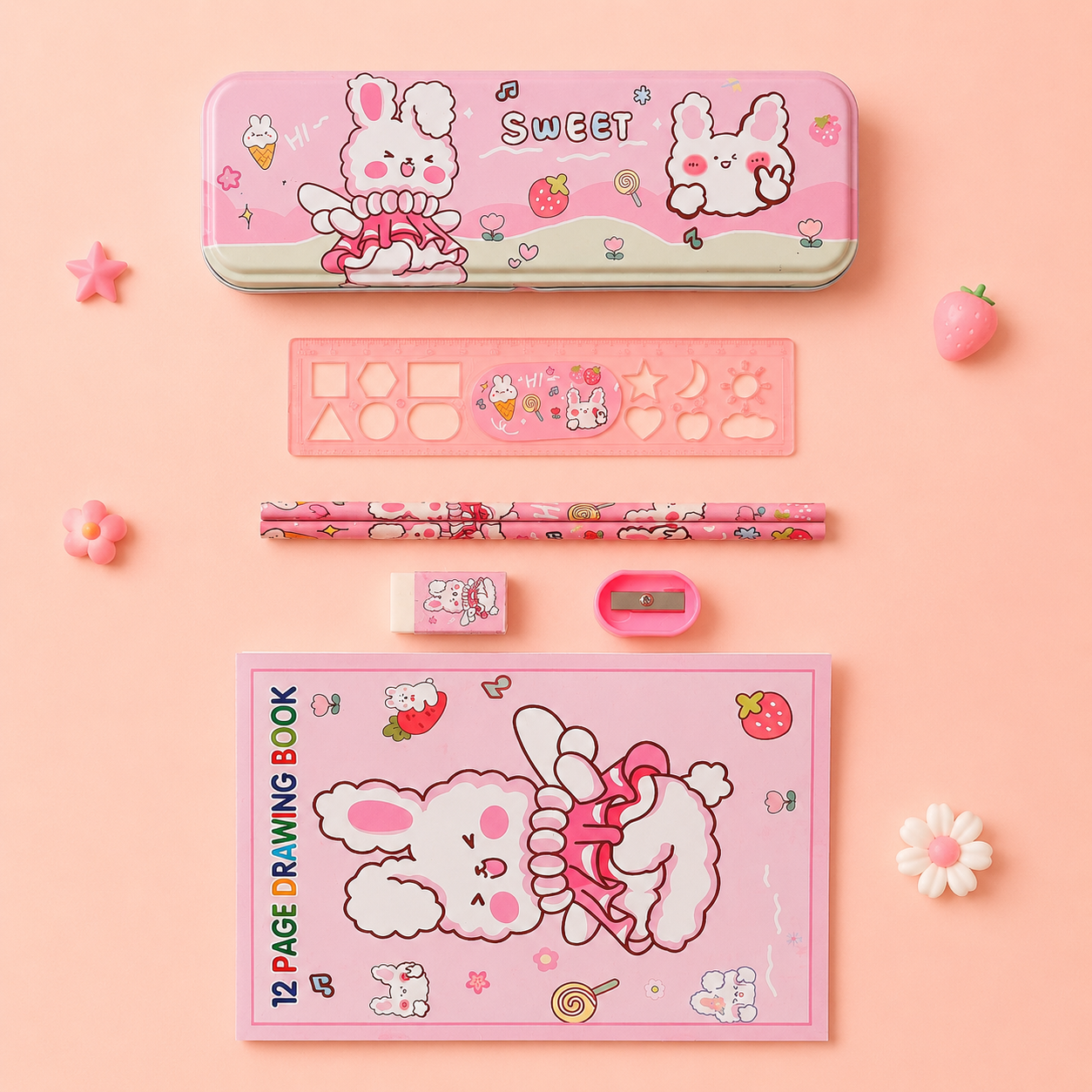 Cute Cartoon Kids Stationery Gift Set with Pencil Case & Mesh Organizer Pouch [ With Pencil Box ]