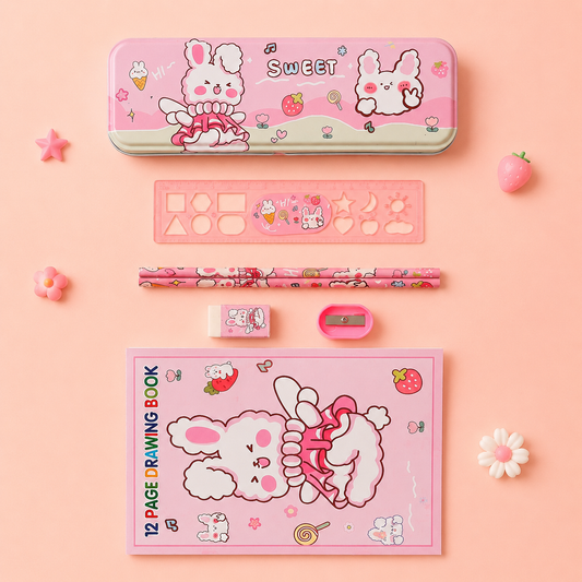 Cute Cartoon Kids Stationery Gift Set with Pencil Case & Mesh Organizer Pouch [ With Pencil Box ]