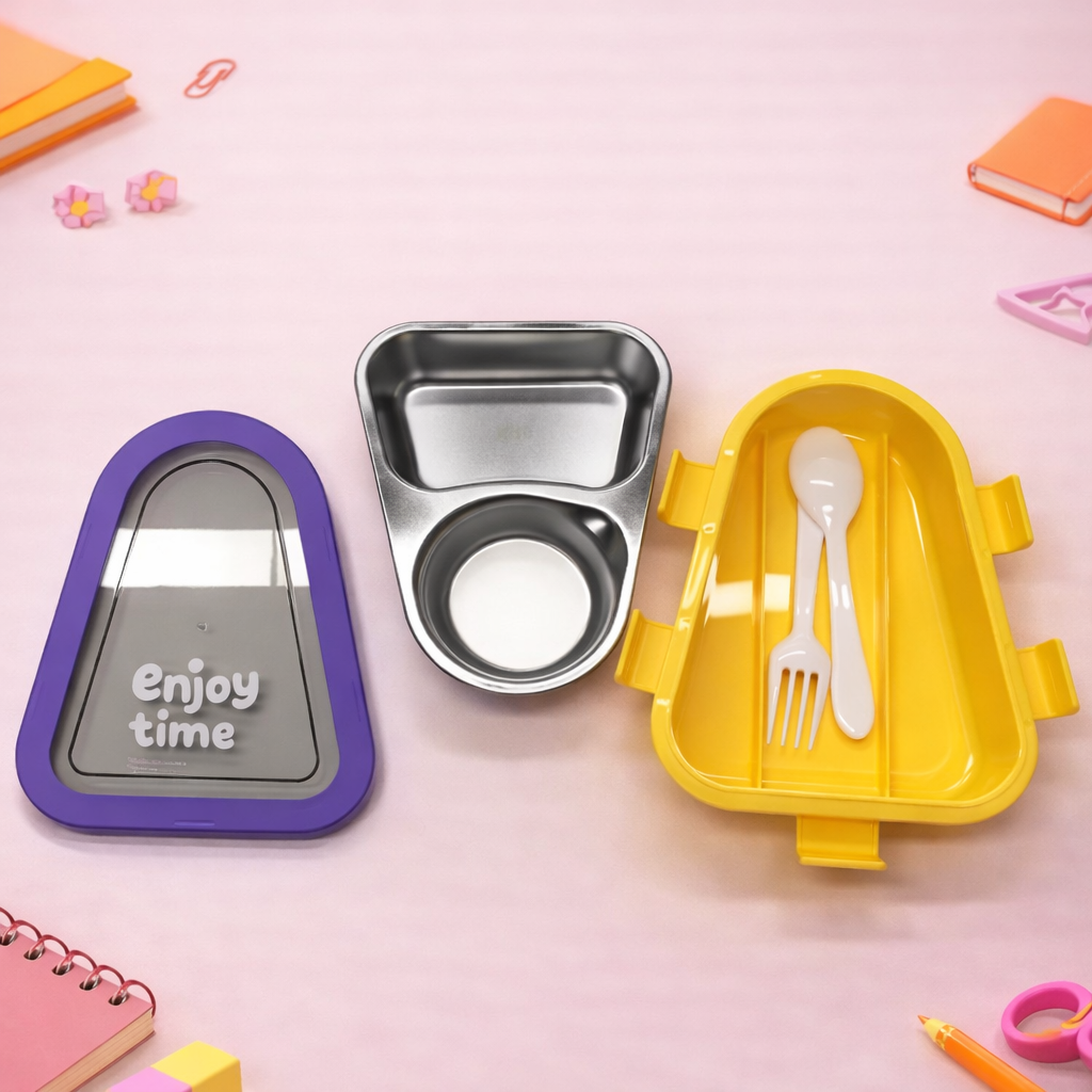 “Enjoy Time” Kids Bento Lunch Box Two Grid – 500 ML Triangular Design
