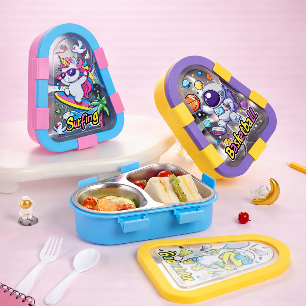 Bento Lunch Box Two Grid – Unicorn, Astronaut & Dinosaur Collection [500ML] Triangular Design