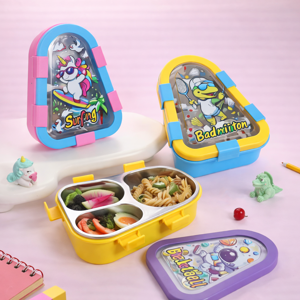 Bento Lunch Box Three Grid – Unicorn, Astronaut & Dinosaur Collection [470ML] Triangular Design