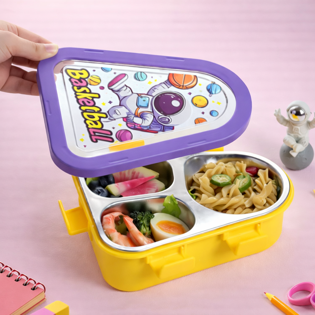 Bento Lunch Box Three Grid – Unicorn, Astronaut & Dinosaur Collection [470ML] Triangular Design