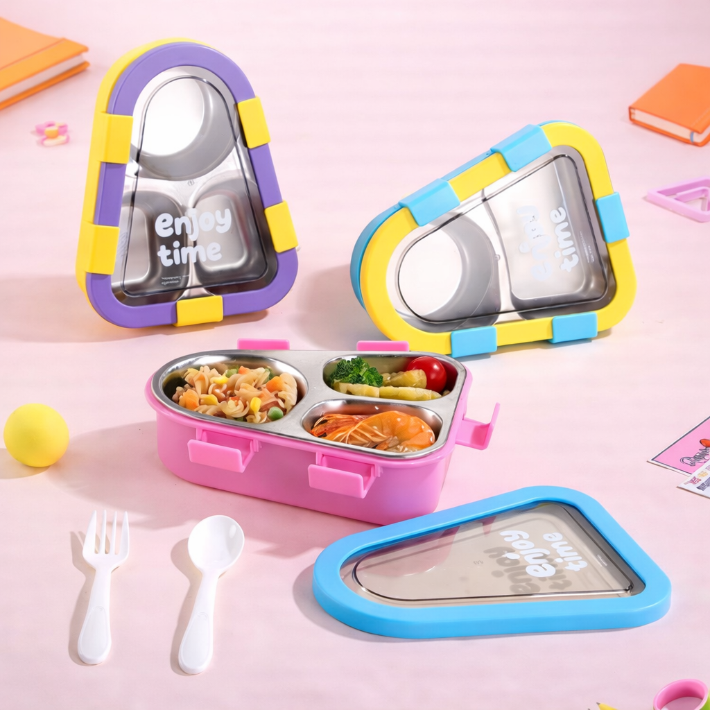 “Enjoy Time” Kids Bento Lunch Box Three Grid – 470 ML Triangular Design
