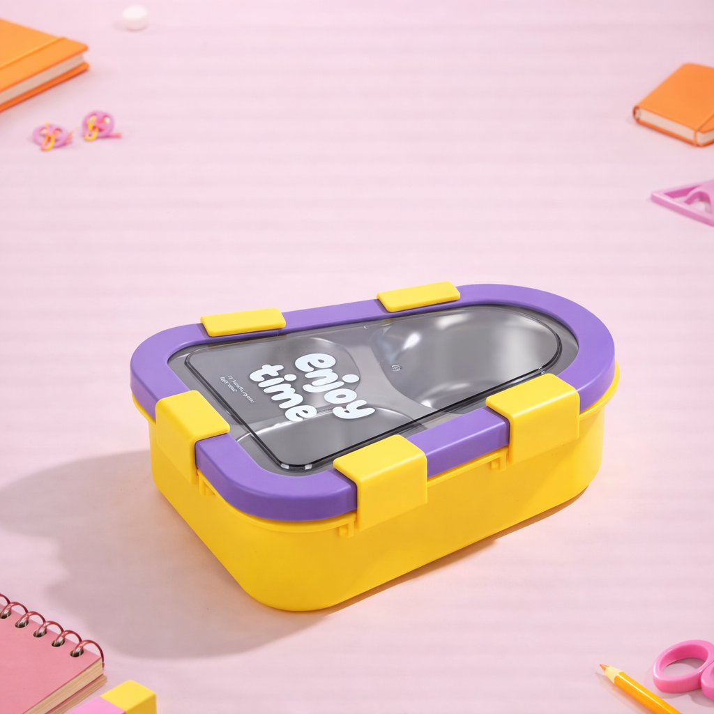 “Enjoy Time” Kids Bento Lunch Box Three Grid – 470 ML Triangular Design