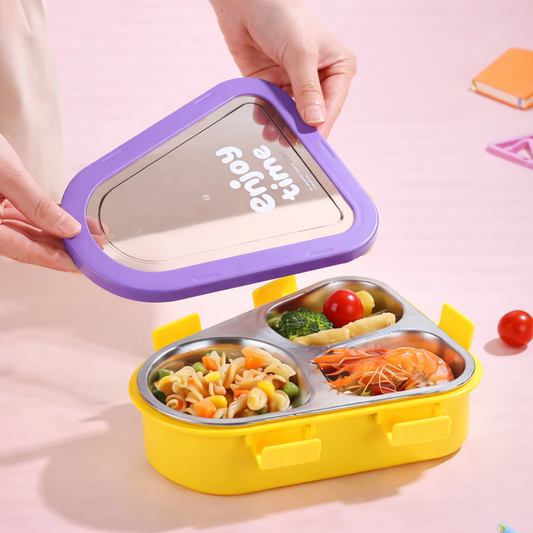 “Enjoy Time” Kids Bento Lunch Box Three Grid – 470 ML Triangular Design