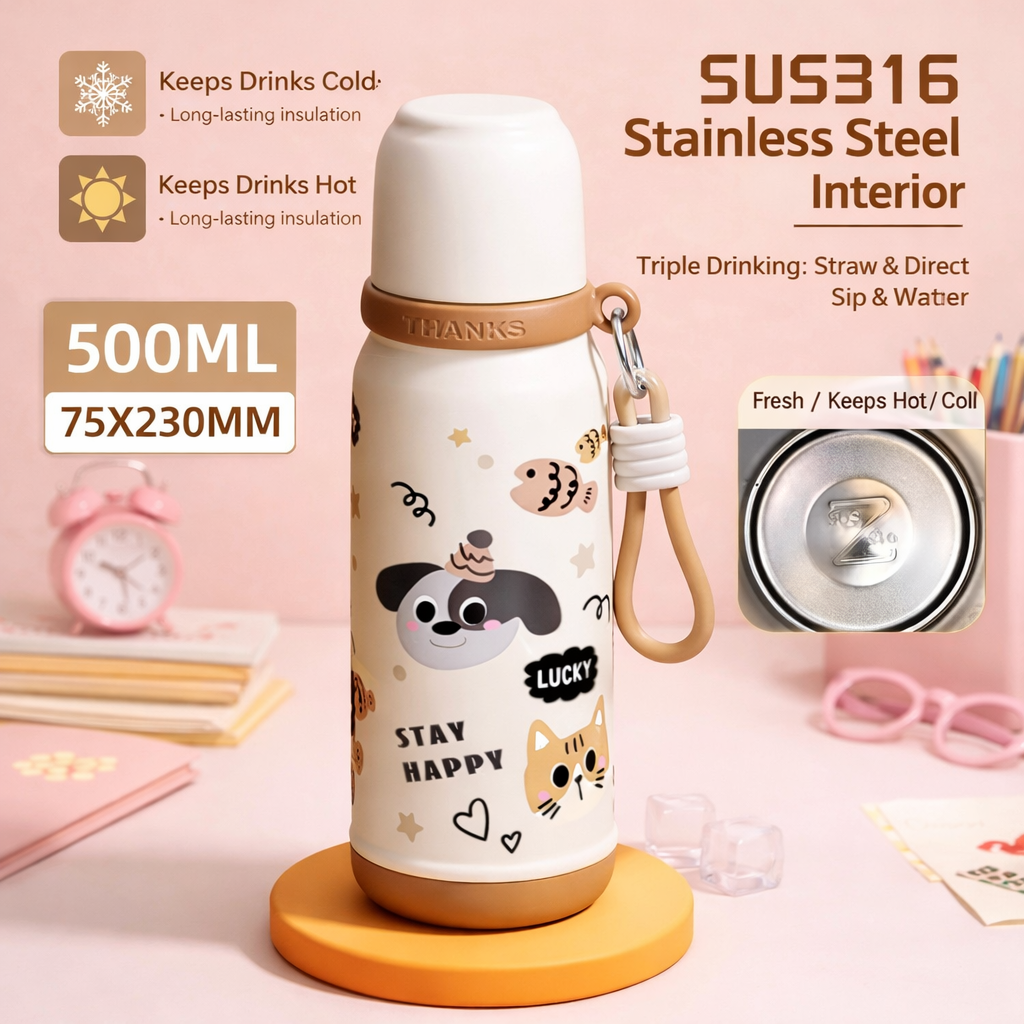Little Flower Cat Series – 500ml Stainless Steel Kids Water Bottle