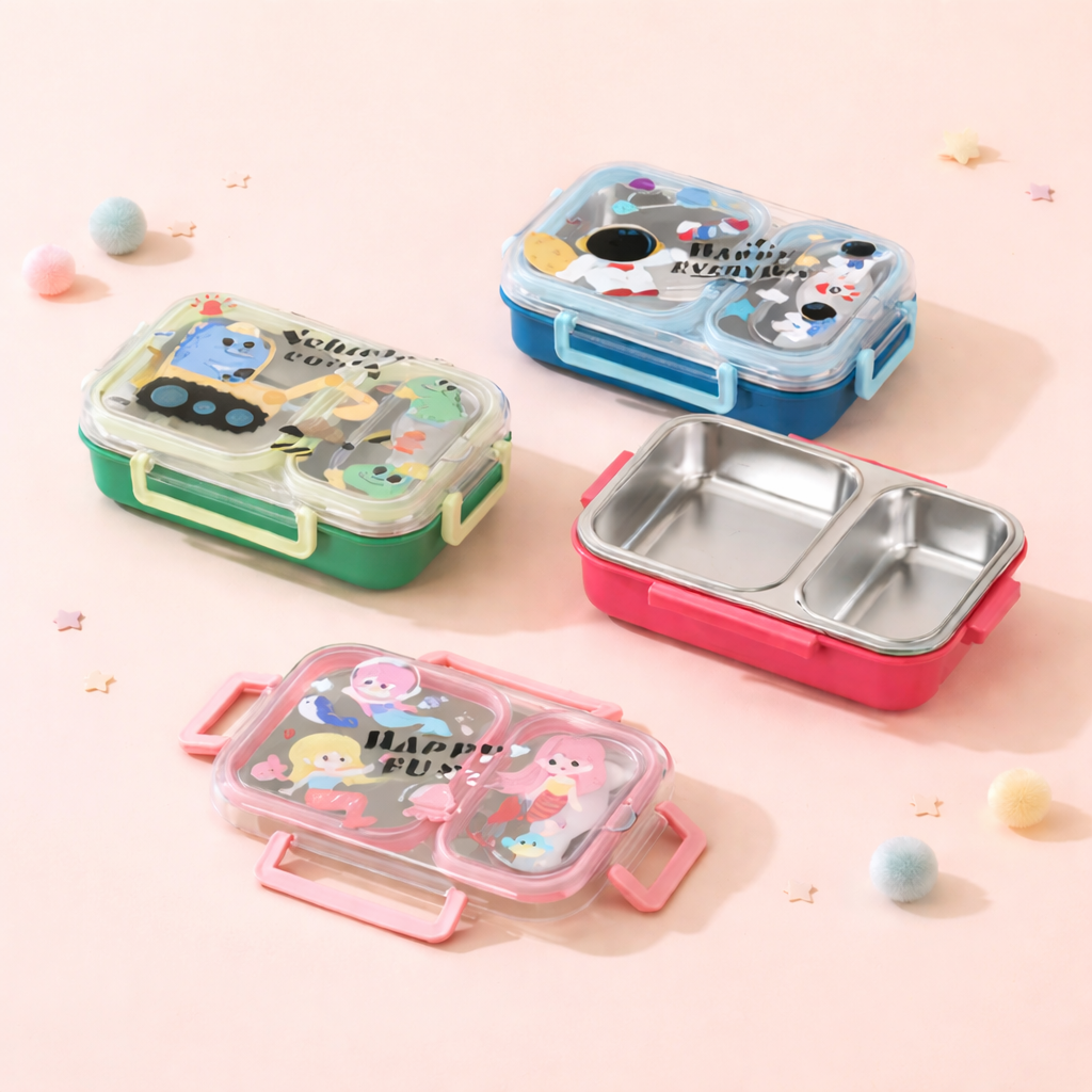 Kids Stainless Steel Bento Lunch Box Two Grid – Cute Cartoon Collection [600ML]