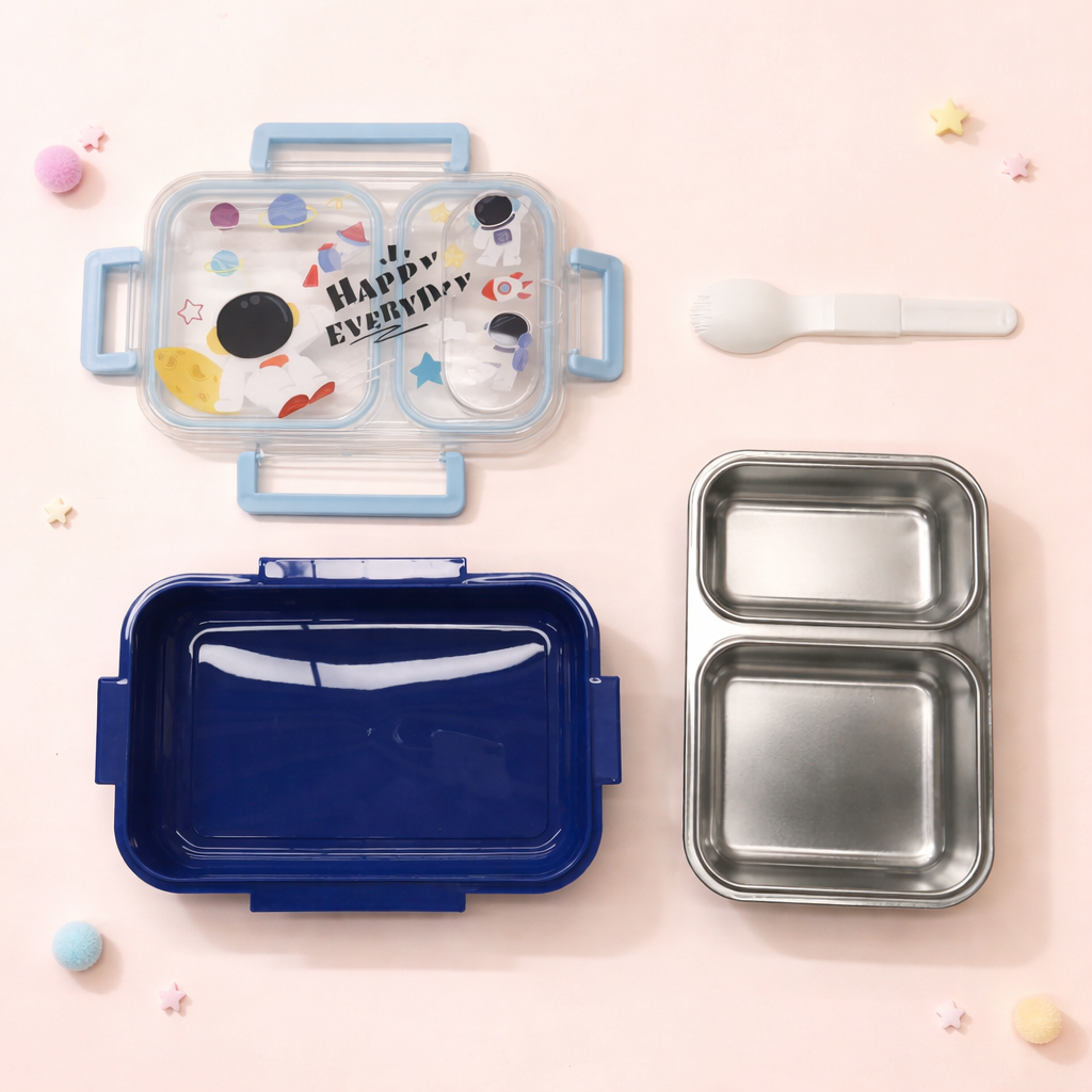 Kids Stainless Steel Bento Lunch Box Two Grid – Cute Cartoon Collection [600ML]