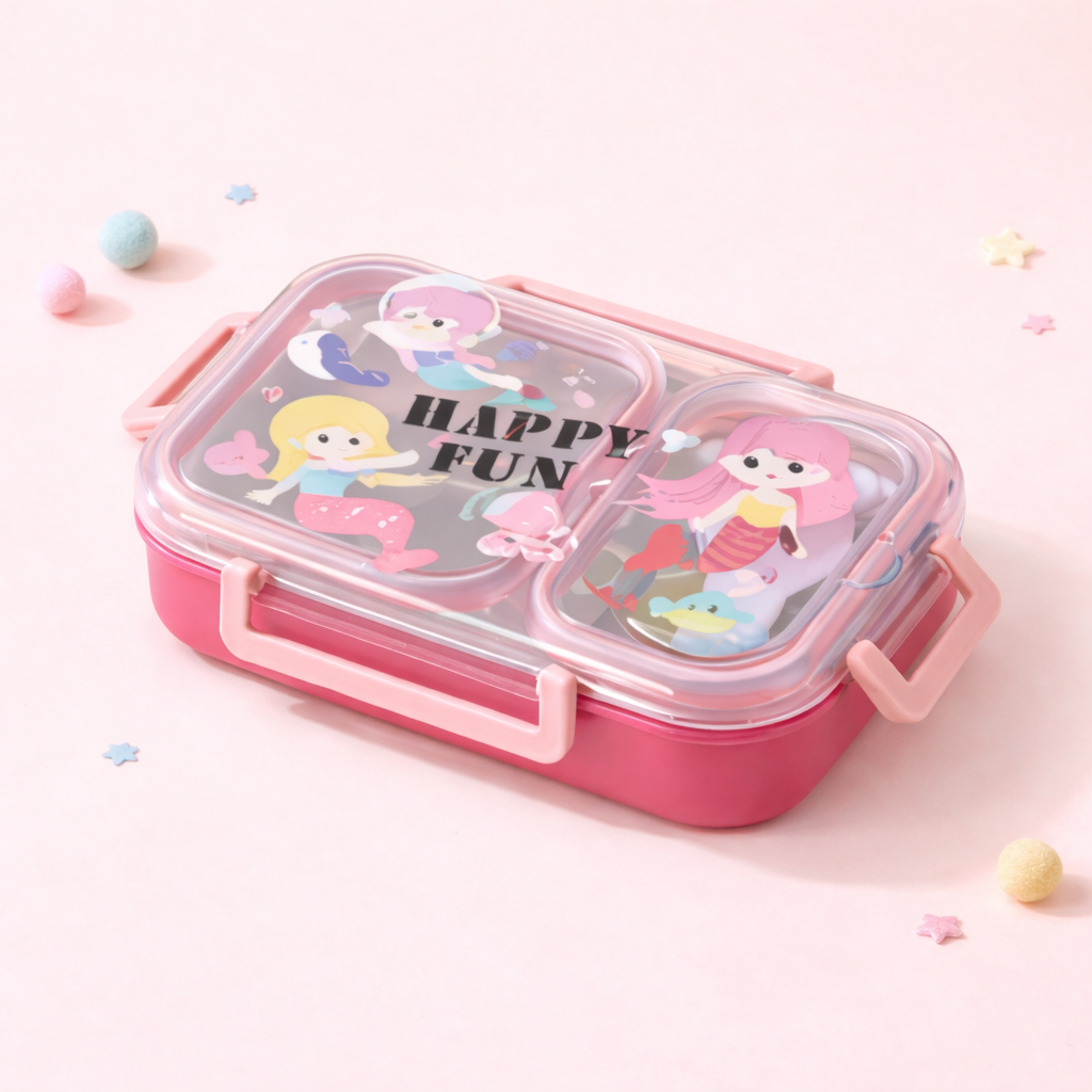 Kids Stainless Steel Bento Lunch Box Two Grid – Cute Cartoon Collection [600ML]