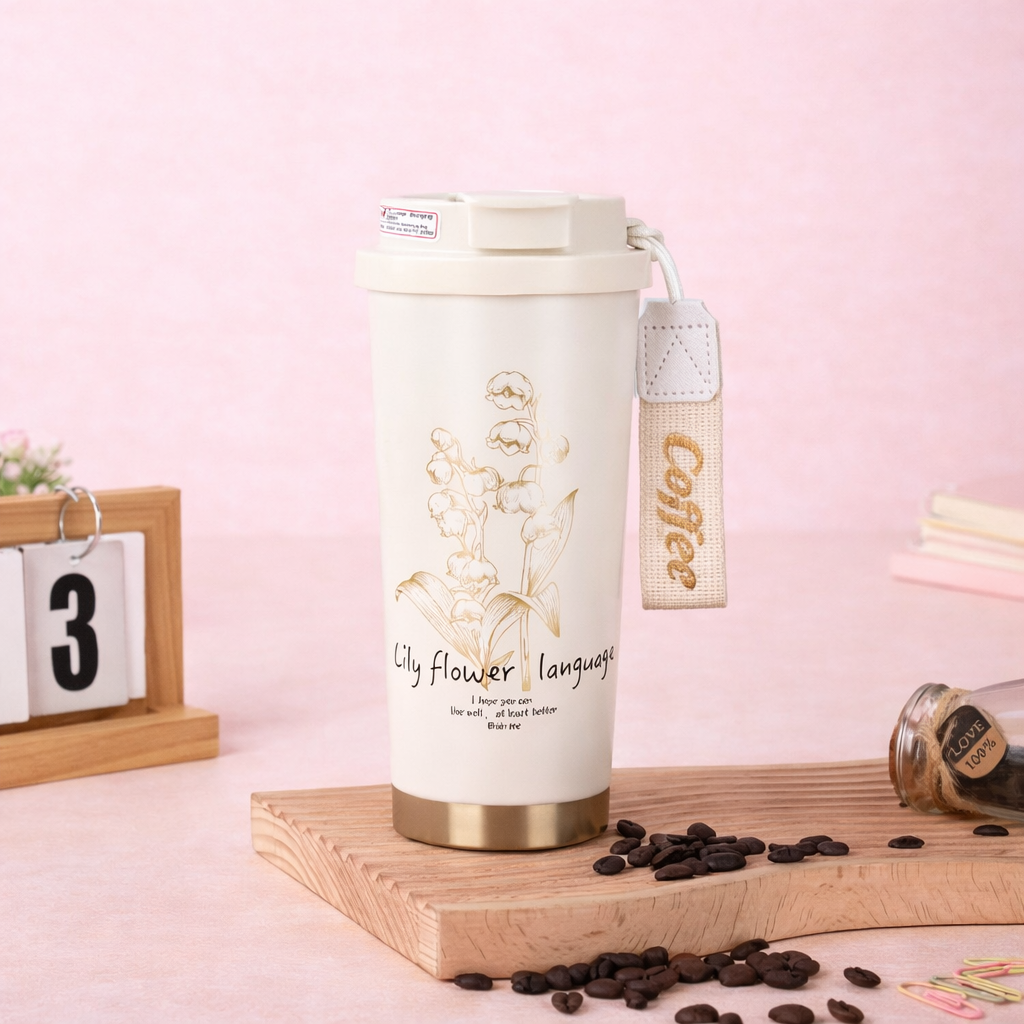 Elegant Floral Stainless Steel Coffee Tumbler – 520ML