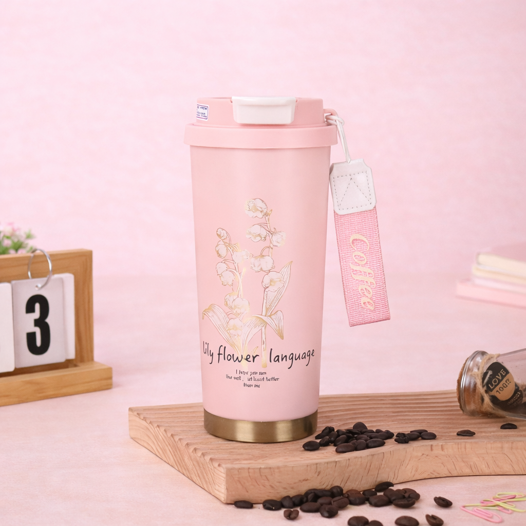 Elegant Floral Stainless Steel Coffee Tumbler – 520ML