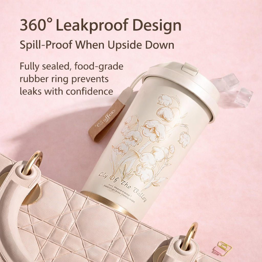 Elegant Floral Stainless Steel Coffee Tumbler – 520ML