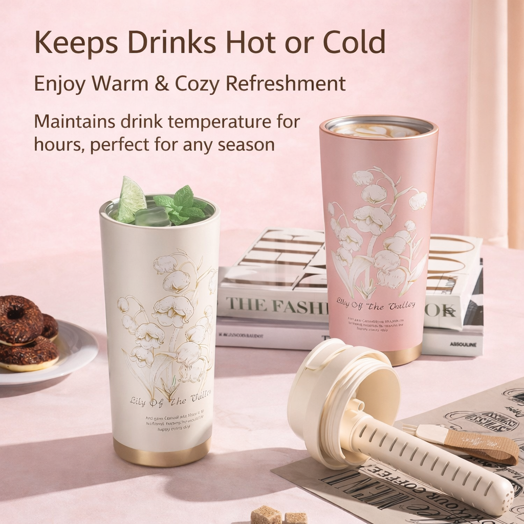 Elegant Floral Stainless Steel Coffee Tumbler – 520ML