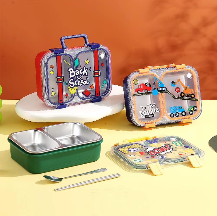 Kids Stainless Steel Bento Lunch Box Two Grid – Fun School Edition-[750ML]
