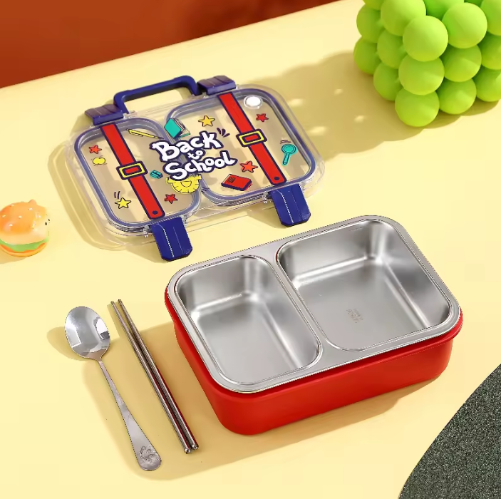 Kids Stainless Steel Bento Lunch Box Two Grid – Fun School Edition-[750ML]