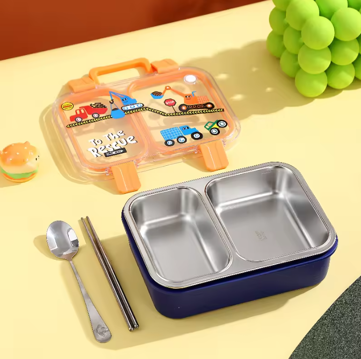 Kids Stainless Steel Bento Lunch Box Two Grid – Fun School Edition-[750ML]