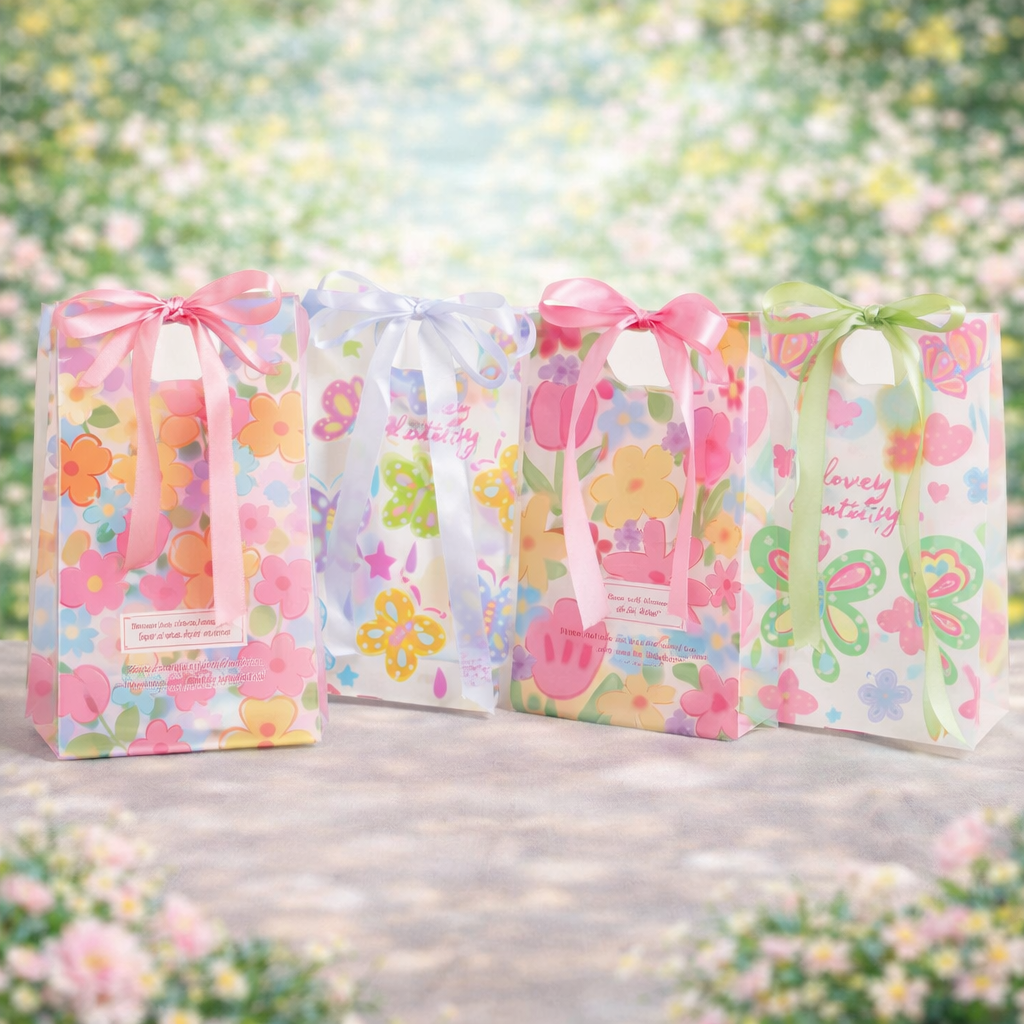 Transparent Floral & Butterfly Gift Bags with Ribbon – Cute & Elegant Packaging [ Pack of 4]