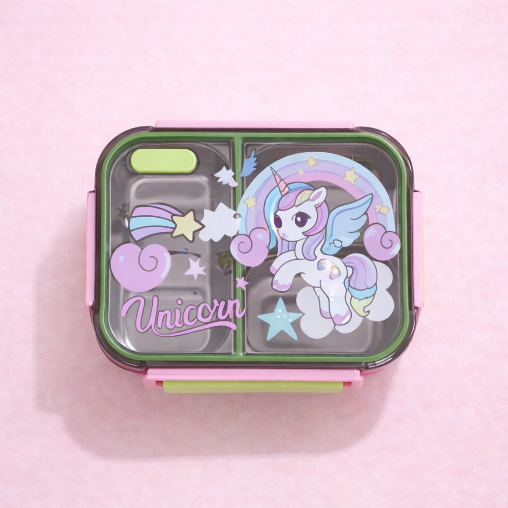 Kids Stainless Steel Three Grid Lunch Box – Unicorn, Astronaut & Dinosaur Collection (700ML)
