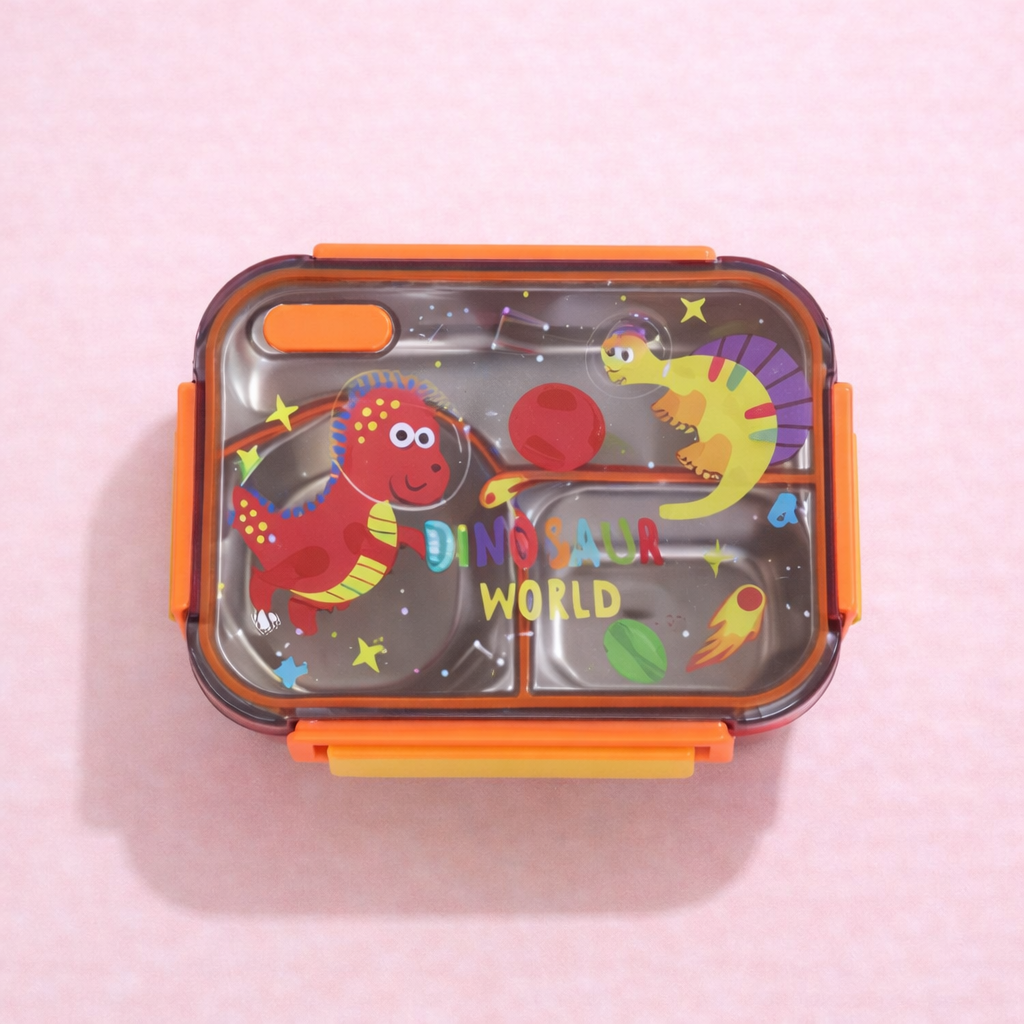 Kids Stainless Steel Three Grid Lunch Box – Unicorn, Astronaut & Dinosaur Collection (700ML)