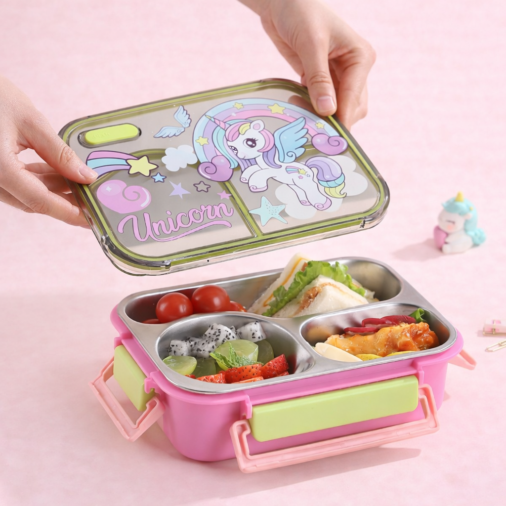 Kids Stainless Steel Three Grid Lunch Box – Unicorn, Astronaut & Dinosaur Collection (700ML)