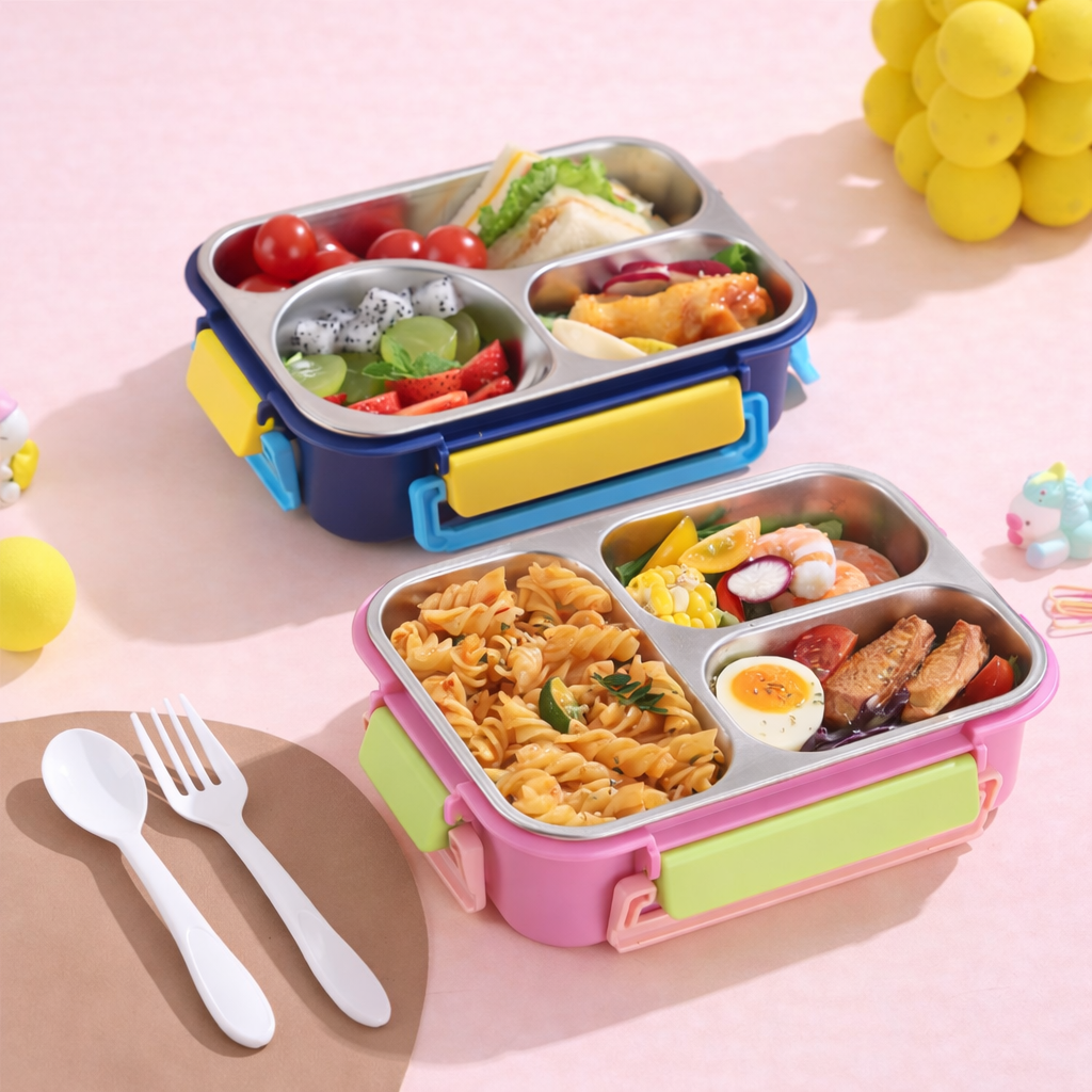 Kids Stainless Steel Three Grid Lunch Box – Unicorn, Astronaut & Dinosaur Collection (700ML)