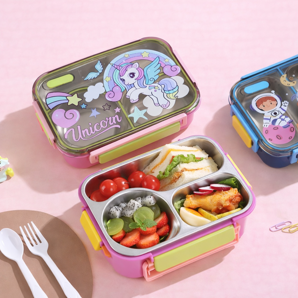 Kids Stainless Steel Three Grid Lunch Box – Unicorn, Astronaut & Dinosaur Collection (700ML)
