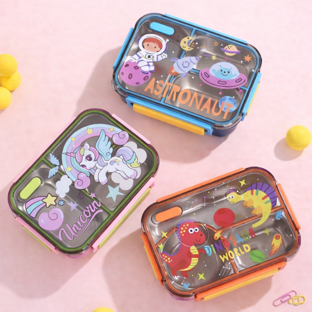 Kids Stainless Steel Three Grid Lunch Box – Unicorn, Astronaut & Dinosaur Collection (700ML)