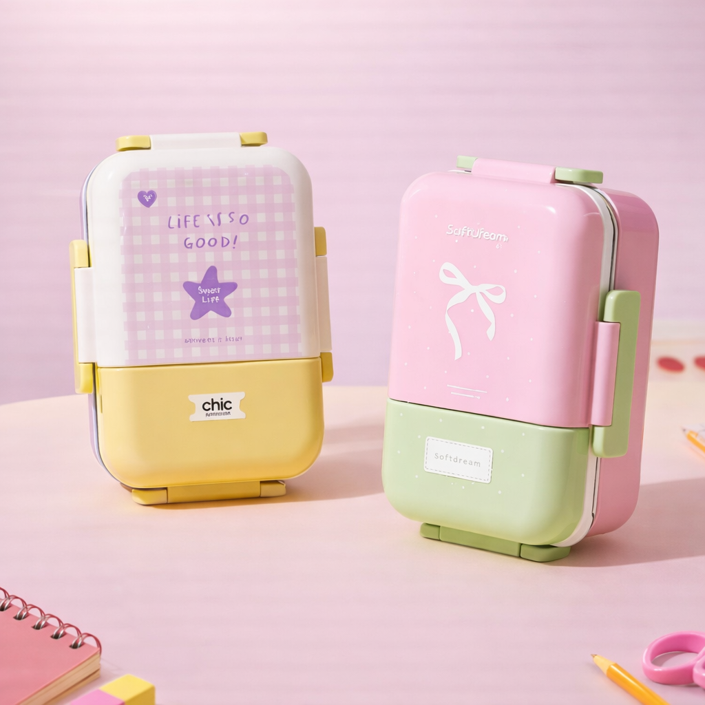 Korean Style Double Deck Compartment Lunch Box Two Grid – 520ML