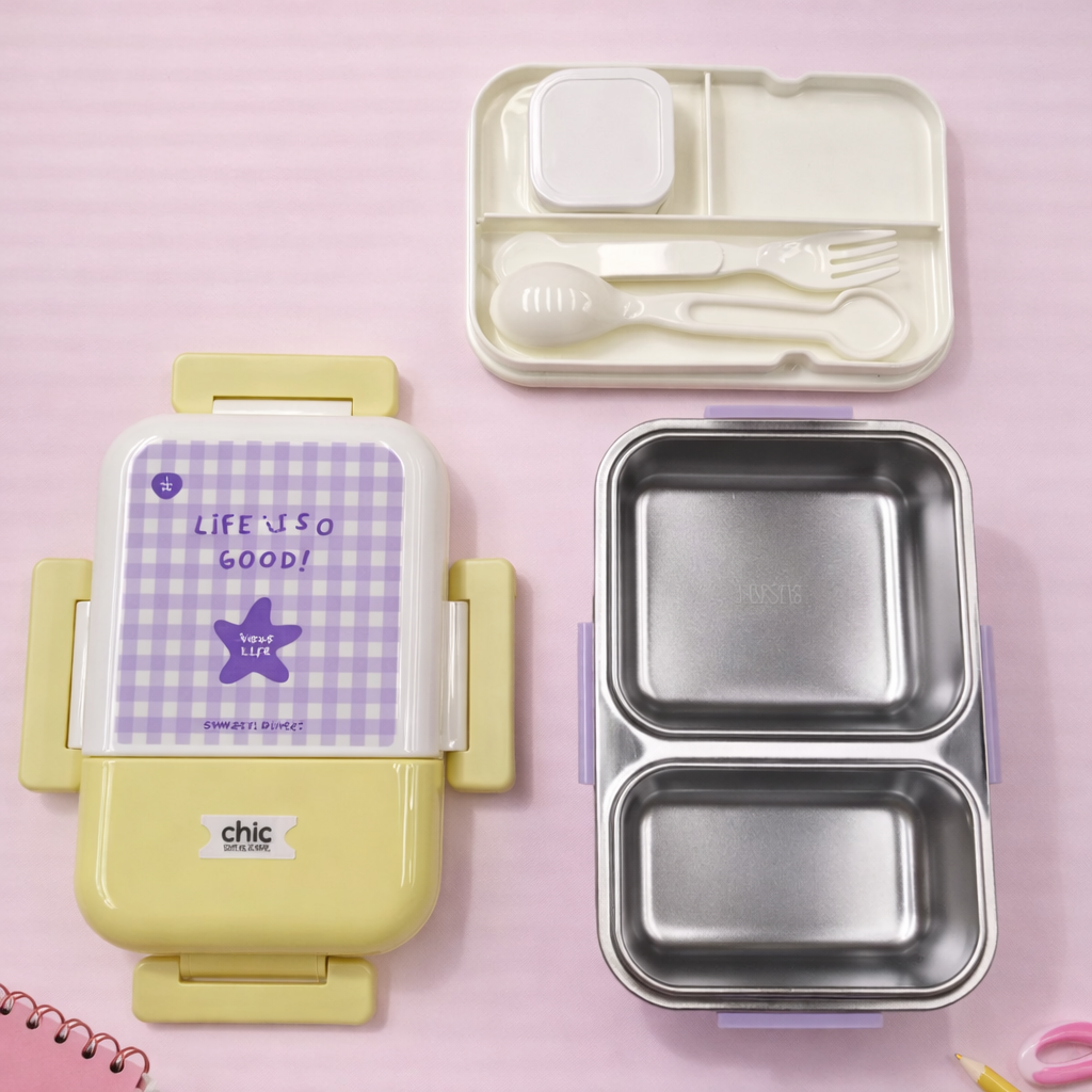 Korean Style Double Deck Compartment Lunch Box Two Grid – 520ML