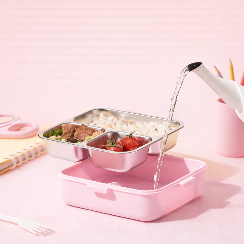 Korean Style Double Deck Compartment Lunch Box Three Grid – 750ML