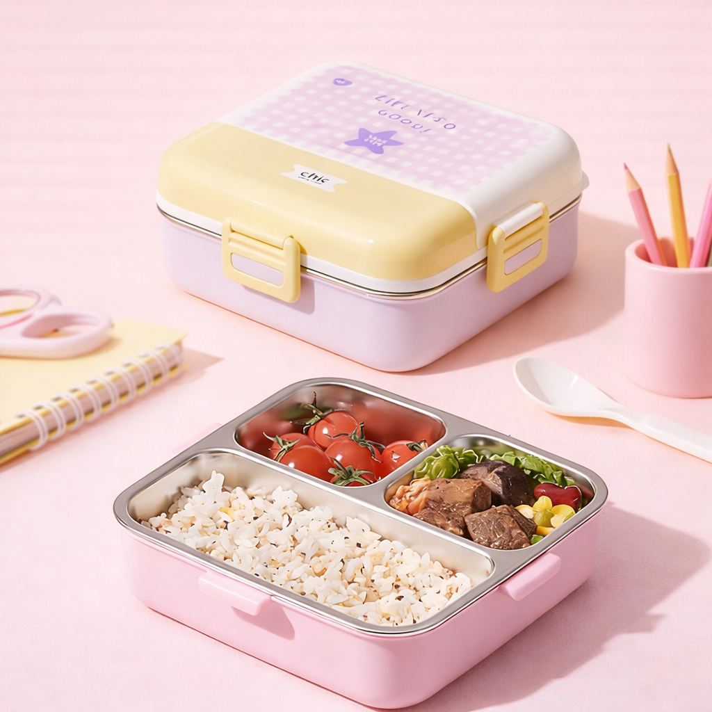 Korean Style Double Deck Compartment Lunch Box Three Grid – 750ML