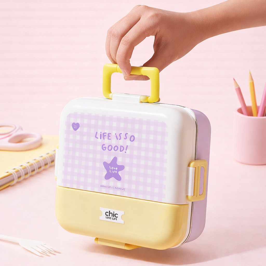 Korean Style Double Deck Compartment Lunch Box Three Grid – 750ML