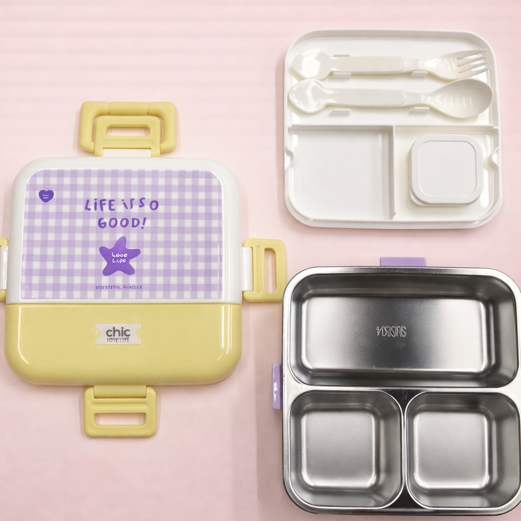 Korean Style Double Deck Compartment Lunch Box Three Grid – 750ML