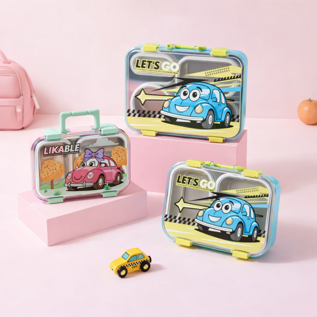 Cartoon Car Kids Stainless Steel Lunch Box Two Grid-[720ML]