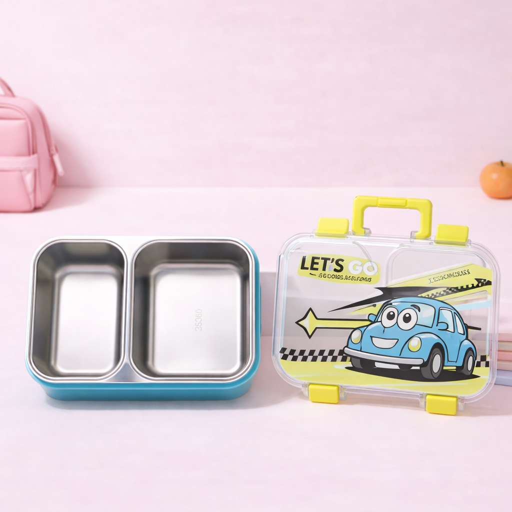 Cartoon Car Kids Stainless Steel Lunch Box Two Grid-[720ML]