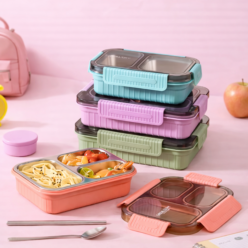 🥗 Premium 304 Stainless Steel Kids Bento Lunch Box -Grid [2/3/4]