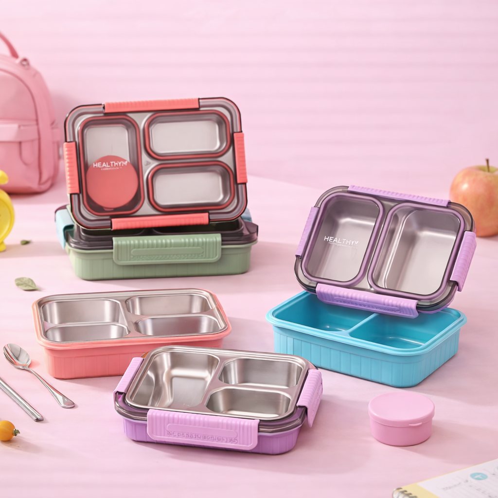 🥗 Premium 304 Stainless Steel Kids Bento Lunch Box -Grid [2/3/4]