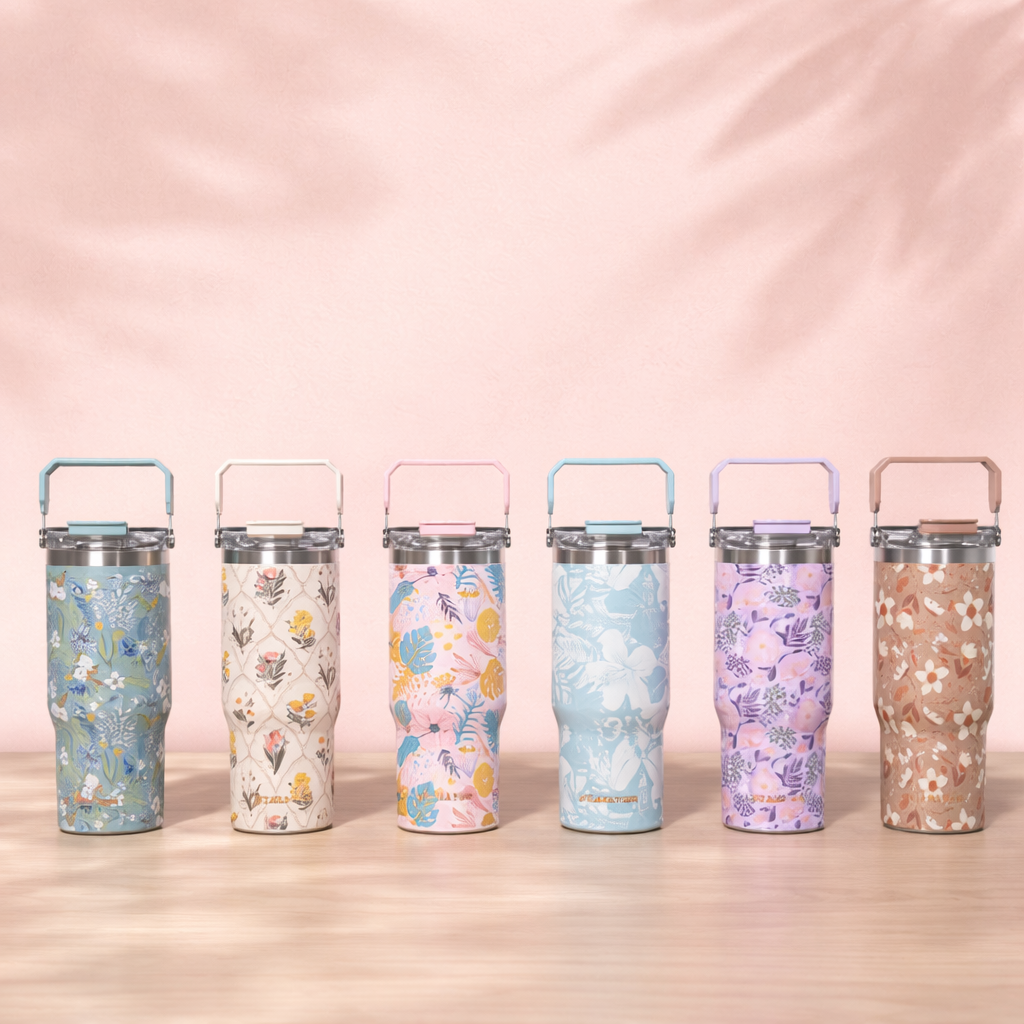 Floral Insulated Water Bottle with Handle Lid - [600ML]