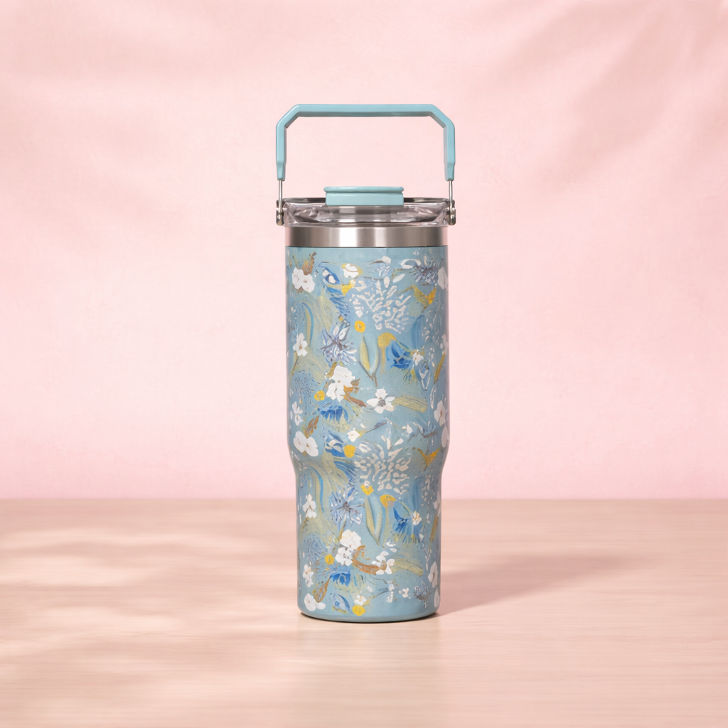 Floral Insulated Water Bottle with Handle Lid - [600ML]