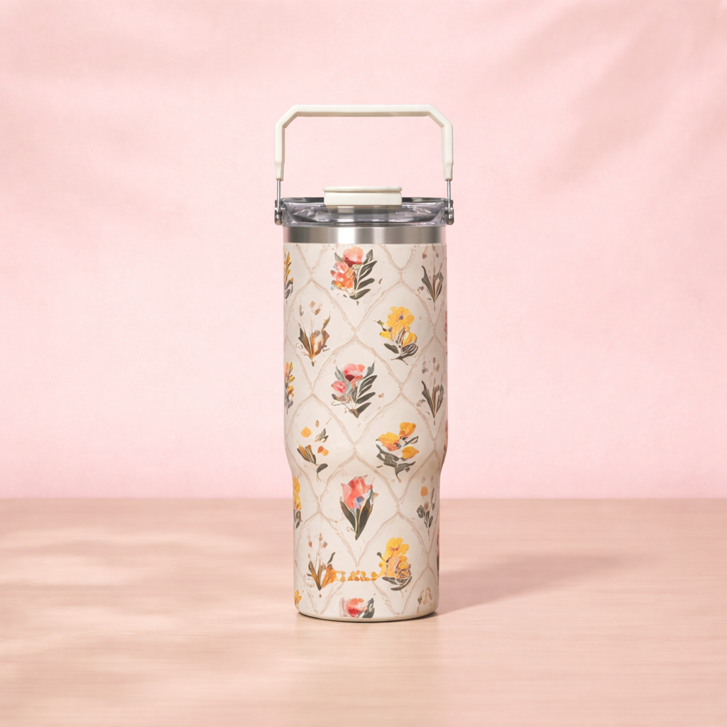 Floral Insulated Water Bottle with Handle Lid - [600ML]