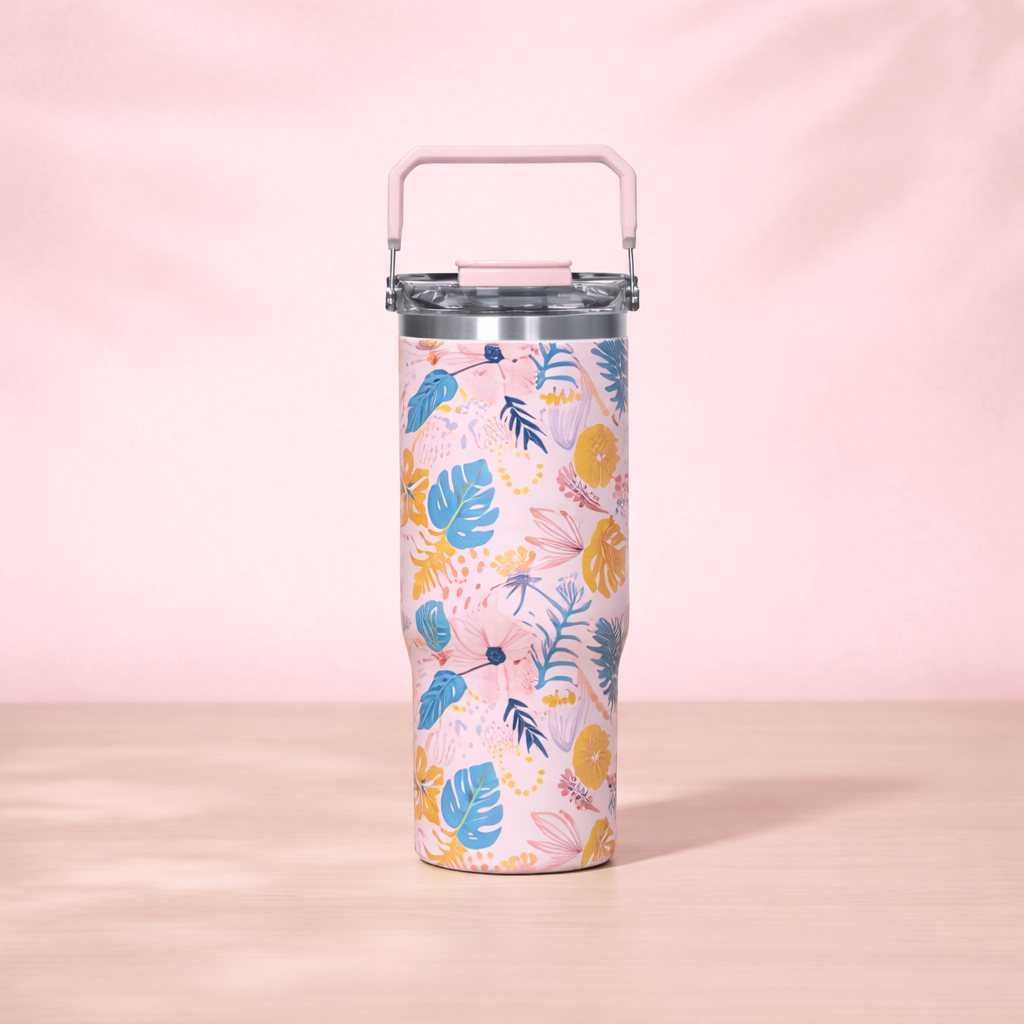 Floral Insulated Water Bottle with Handle Lid - [600ML]