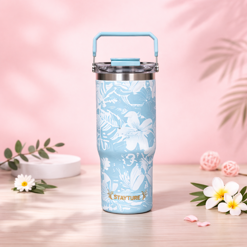 Floral Insulated Water Bottle with Handle Lid - [600ML]