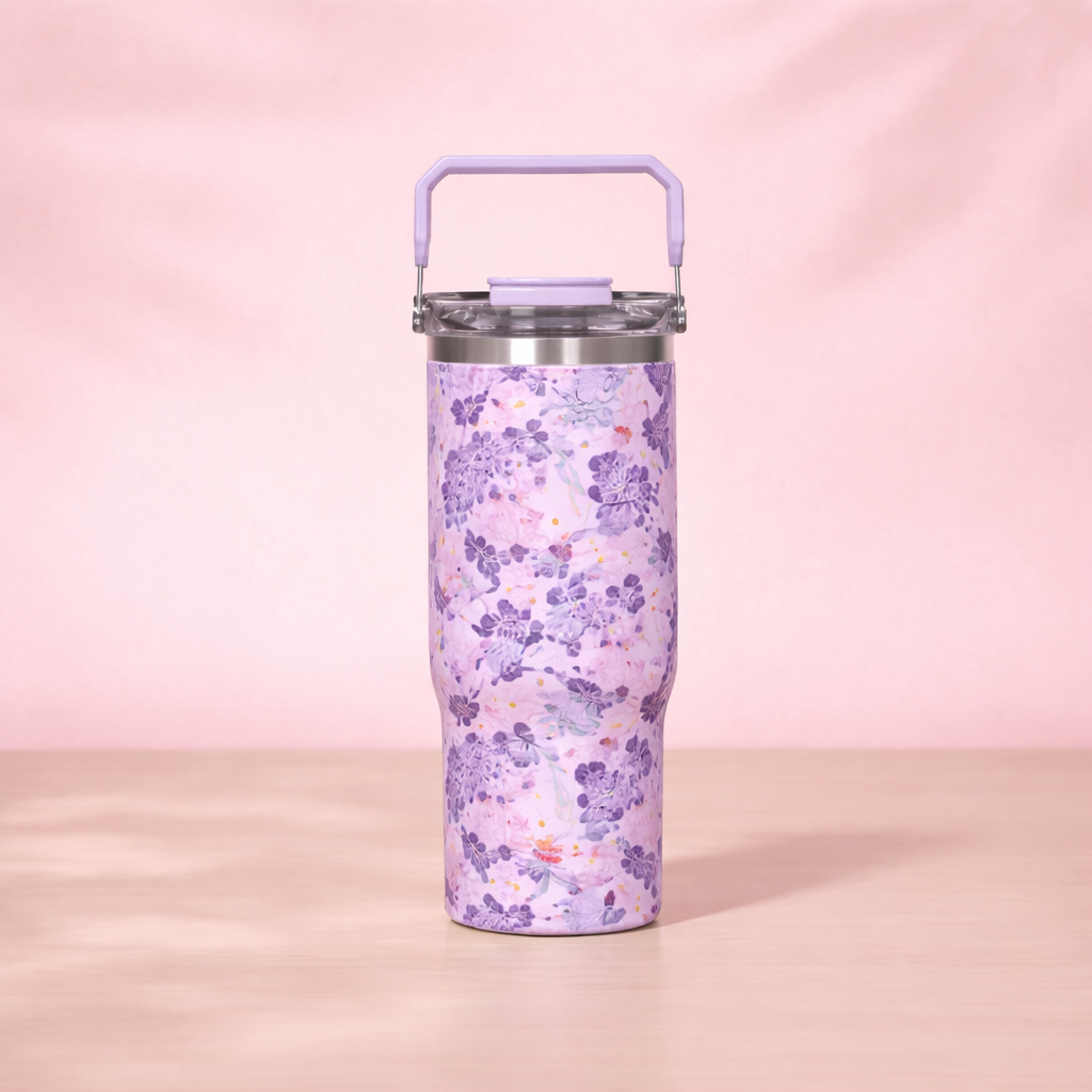Floral Insulated Water Bottle with Handle Lid - [600ML]