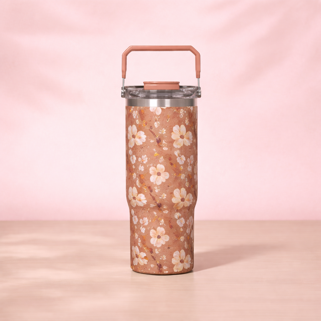 Floral Insulated Water Bottle with Handle Lid - [600ML]