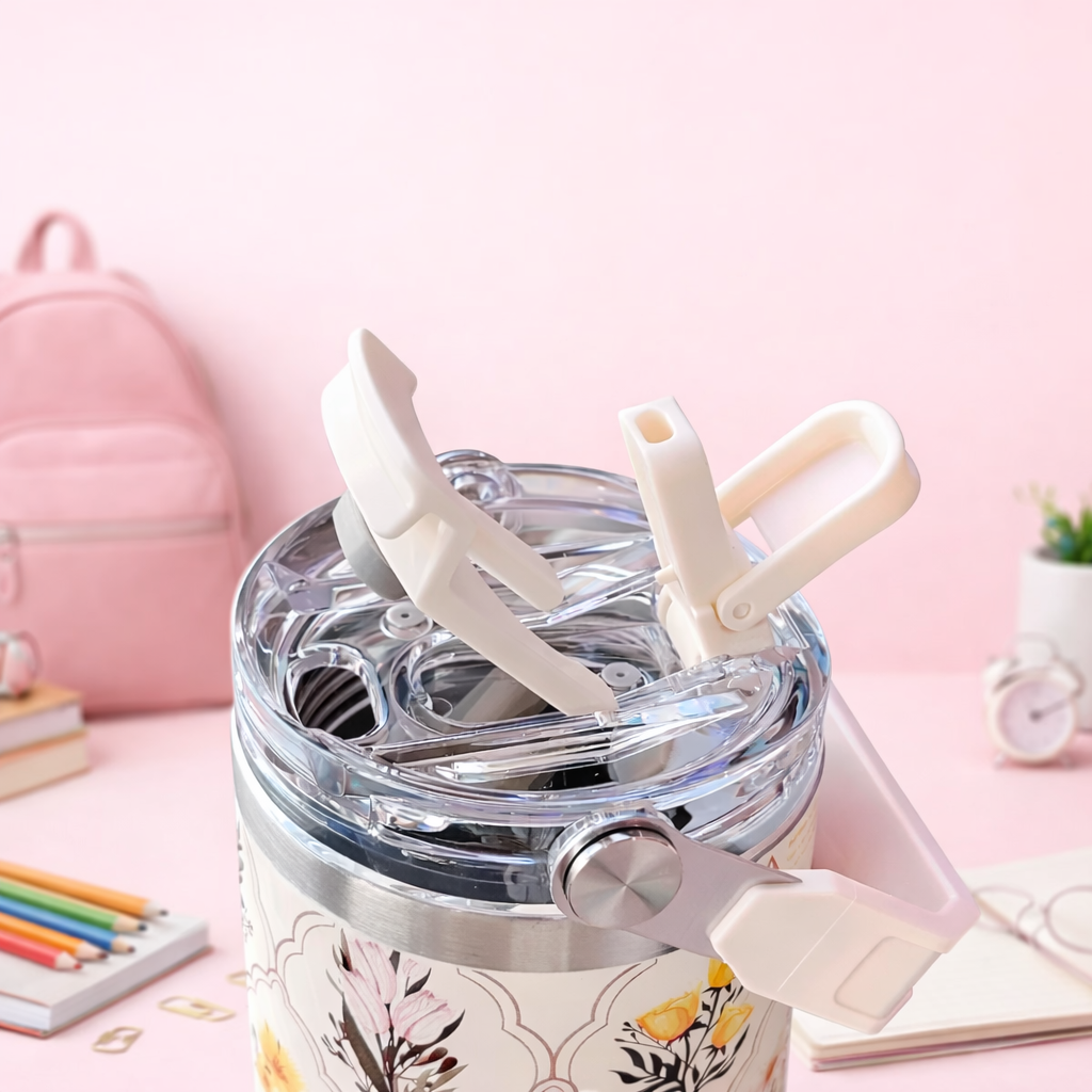 Floral Insulated Water Bottle with Handle Lid - [600ML]